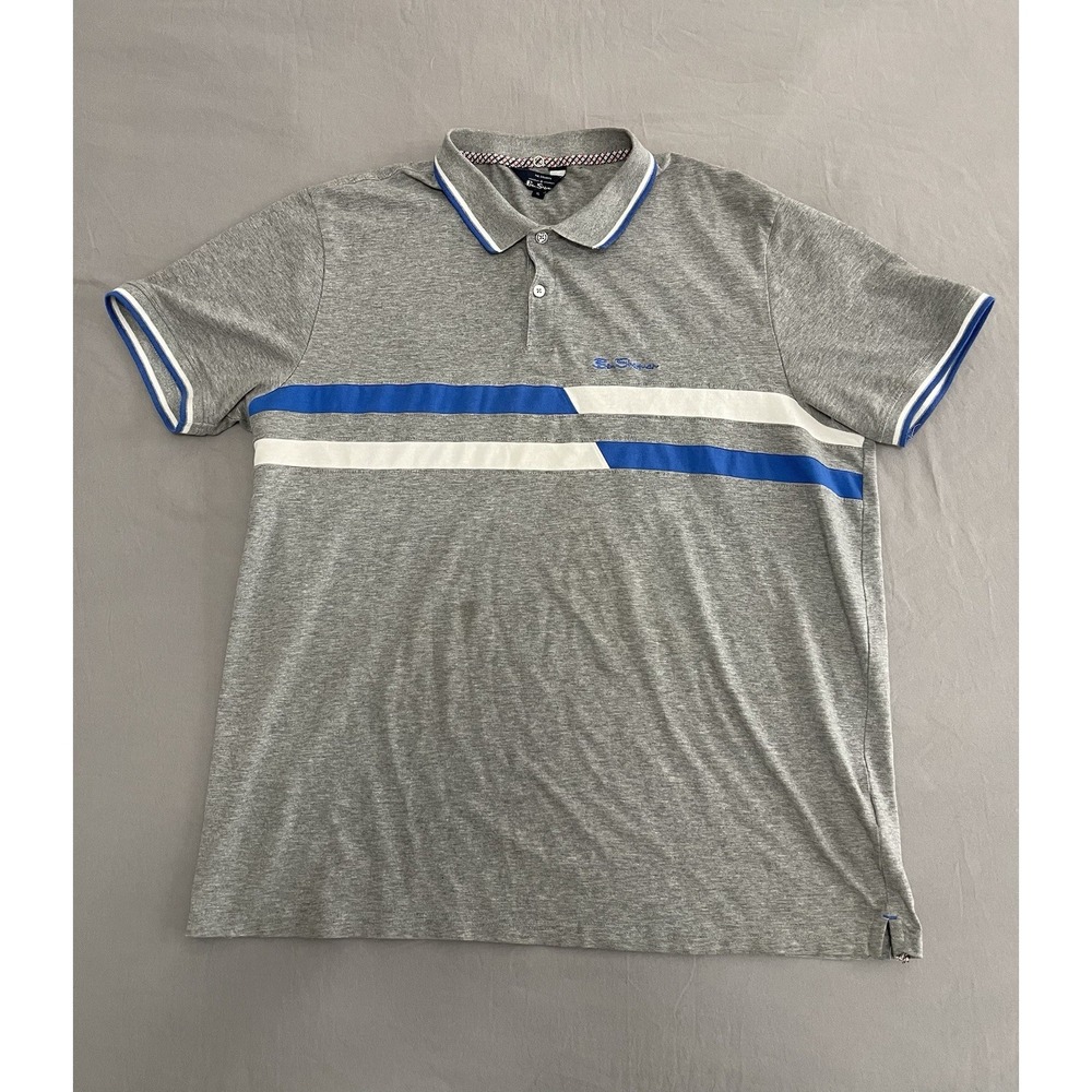 Ben Sherman Mens XL Grey Blue White Striped Short Sleeve Polo Shirt Classic Fit